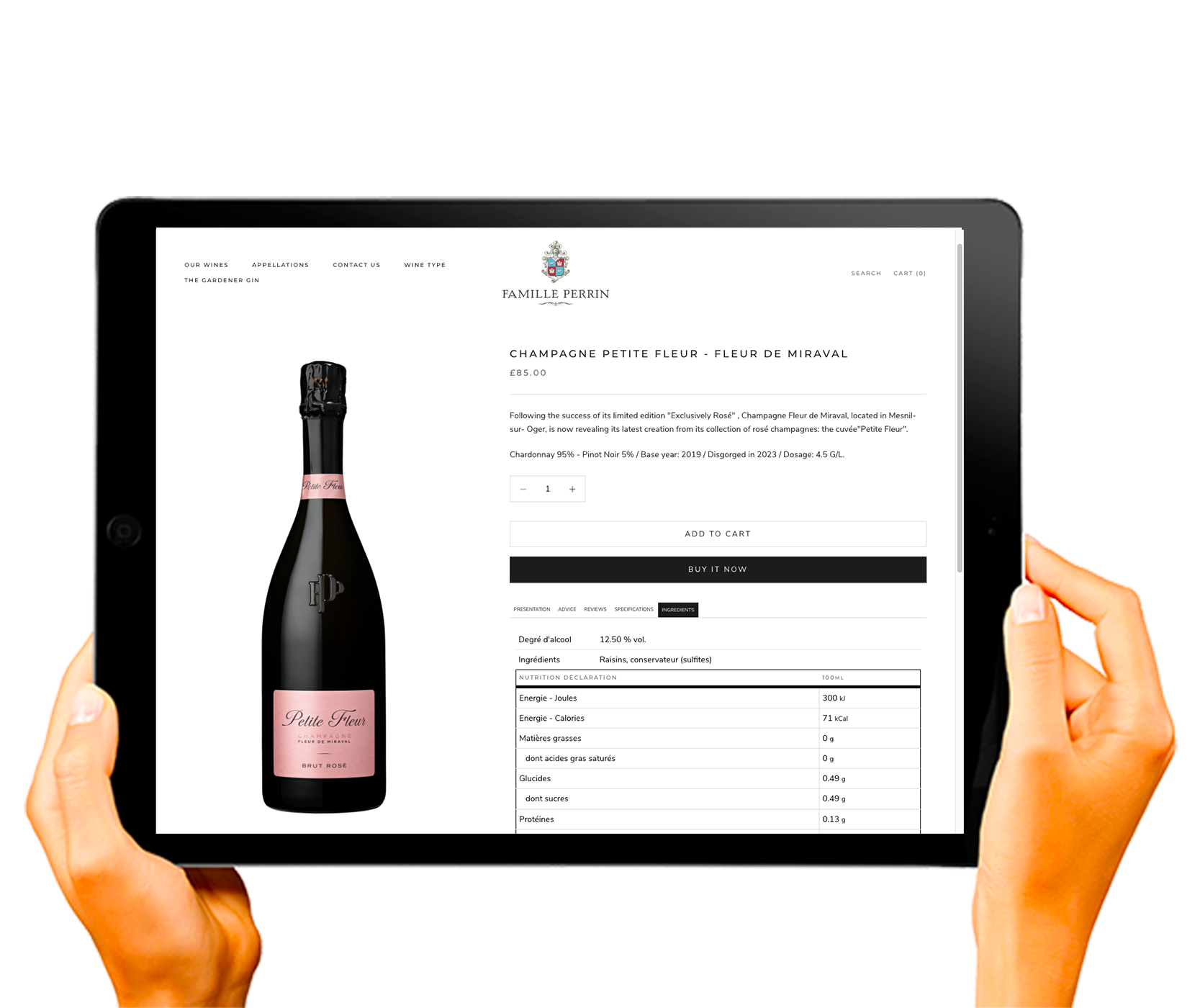 Exemple d'intégration du Nutri Embed Code vin.co sur un site e-commerce pour le produit Champagne Fleur de Miraval - Petite Fleur