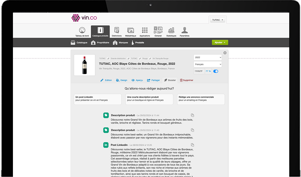 Rédaction et enrichissement de contenus avec l'Assistant IA vin.co