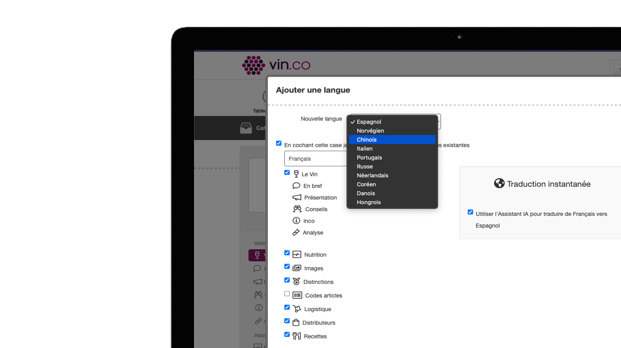 Traduction instantanée des fiches produit avec l'Assistant IA vin.co