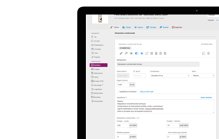 Interface administrateur vin.co pour la gestion des listes d'ingrédients et la déclaration nutritionnelle conforme aux normes UE.